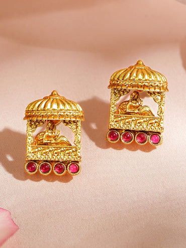 Rubans 18K Gold-Plated Brass Temple Design Pendant Necklace Set with Ruby Pink Stones Necklace & Chains