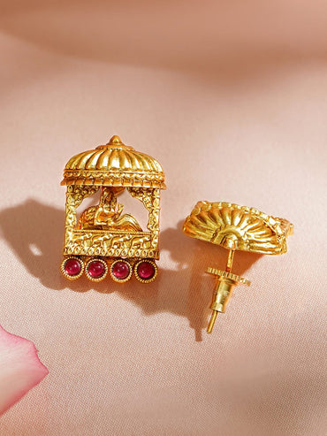 Rubans 18K Gold-Plated Brass Temple Design Pendant Necklace Set with Ruby Pink Stones Necklace & Chains