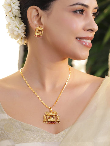 Rubans 18K Gold-Plated Brass Temple Design Pendant Necklace Set with Ruby Pink Stones Necklace & Chains