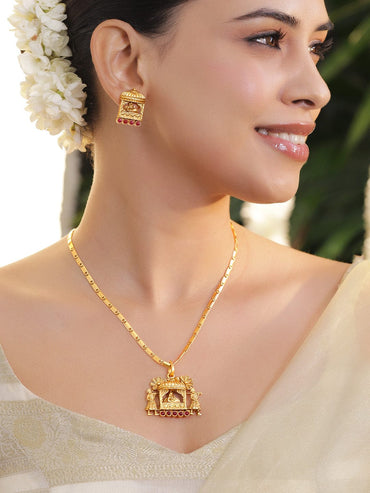 Rubans 18K Gold-Plated Brass Temple Design Pendant Necklace Set with Ruby Pink Stones Necklace & Chains