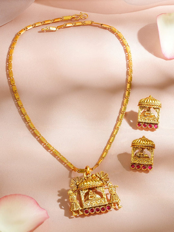 Rubans 18K Gold-Plated Brass Temple Design Pendant Necklace Set with Ruby Pink Stones Necklace & Chains