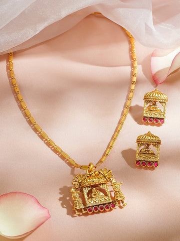 Rubans 18K Gold-Plated Brass Temple Design Pendant Necklace Set with Ruby Pink Stones Necklaces, Necklace Sets, Chains & Mangalsutra