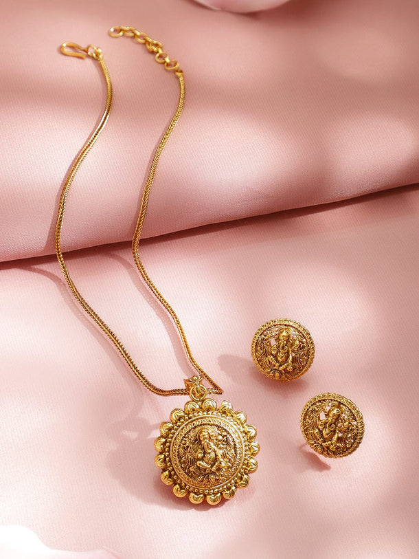 Rubans 18K Gold-Plated Brass Temple Jewellery Pendant Set with Lord Ganesha Motif & Matching Earrings Jewellery Set