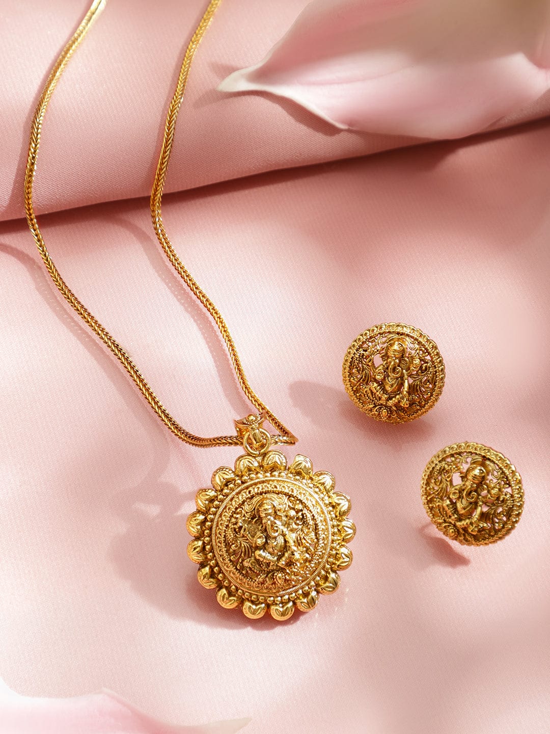 Rubans 18K Gold-Plated Brass Temple Jewellery Pendant Set with Lord Ganesha Motif & Matching Earrings Necklaces, Necklace Sets, Chains & Mangalsutra