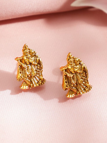 Rubans 18K Gold-Plated Brass Temple Jewellery Pendant Set with Radha Krishna Motif & Matching Earrings Jewellery Set
