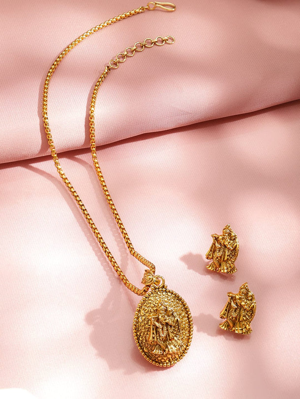 Rubans 18K Gold-Plated Brass Temple Jewellery Pendant Set with Radha Krishna Motif & Matching Earrings Jewellery Set