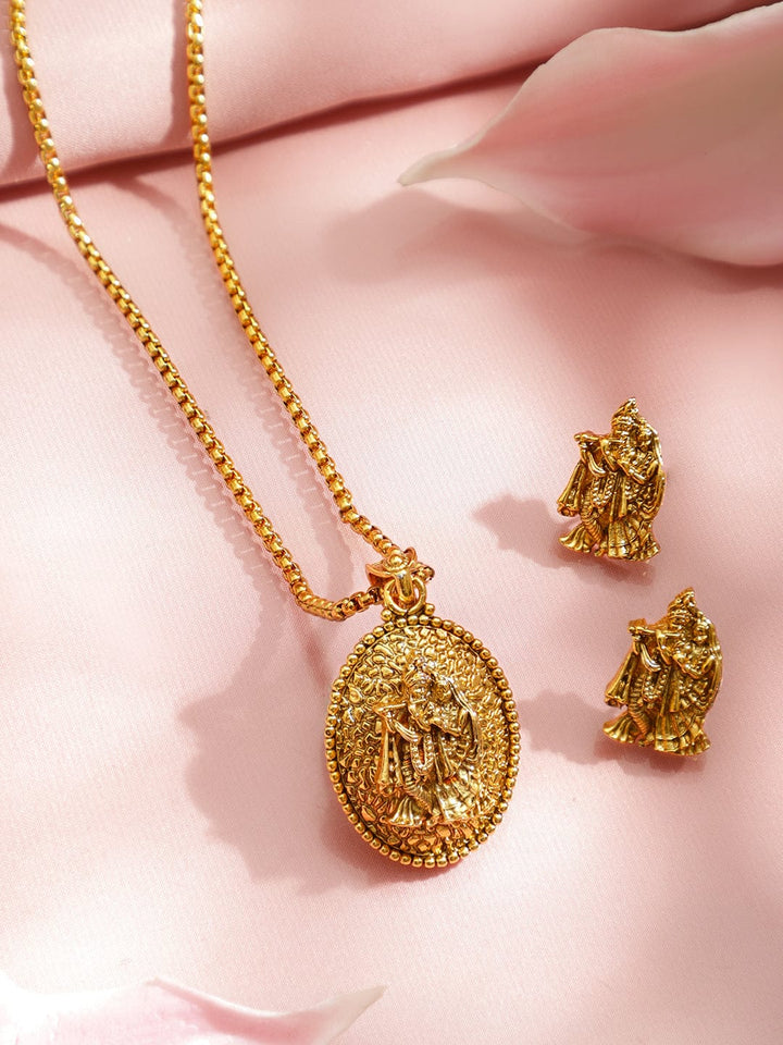 Rubans 18K Gold-Plated Brass Temple Jewellery Pendant Set with Radha Krishna Motif & Matching Earrings Necklaces, Necklace Sets, Chains & Mangalsutra