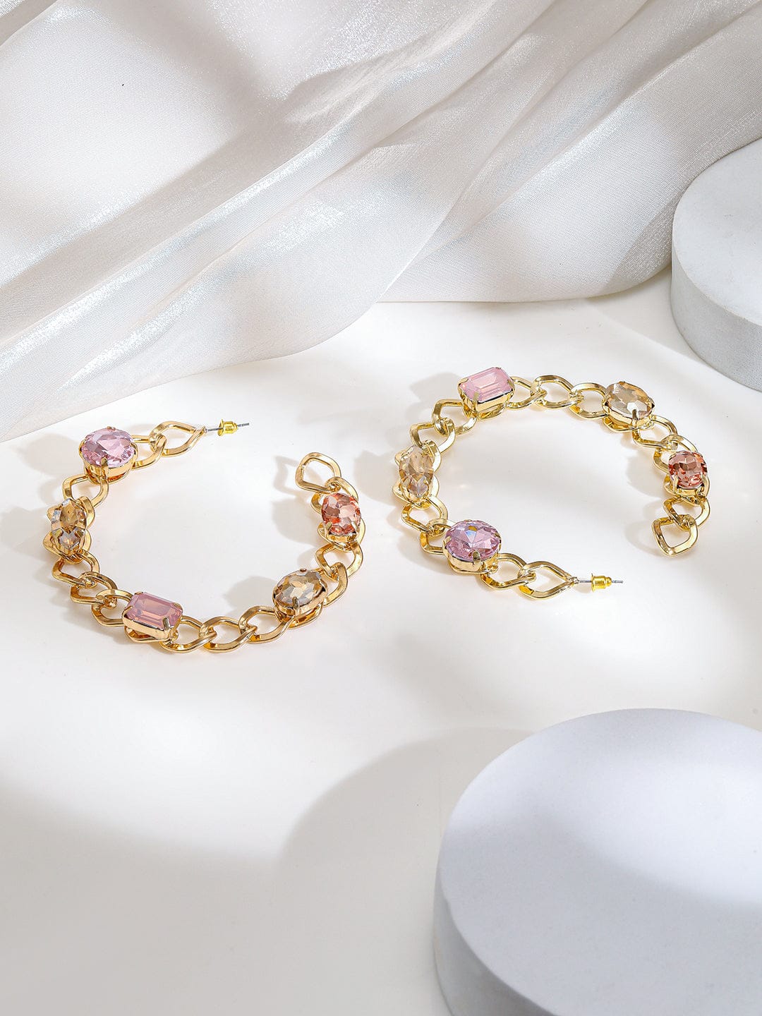 Rubans 18K Gold-Plated Chain Link Hoop Earrings with Pink Crystal Stones Earrings