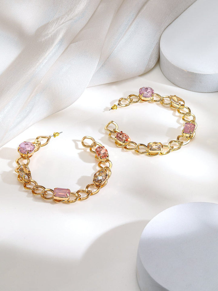Rubans 18K Gold-Plated Chain Link Hoop Earrings with Pink Crystal Stones Earrings