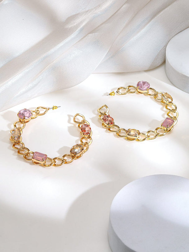 Rubans 18K Gold-Plated Chain Link Hoop Earrings with Pink Crystal Stones Earrings
