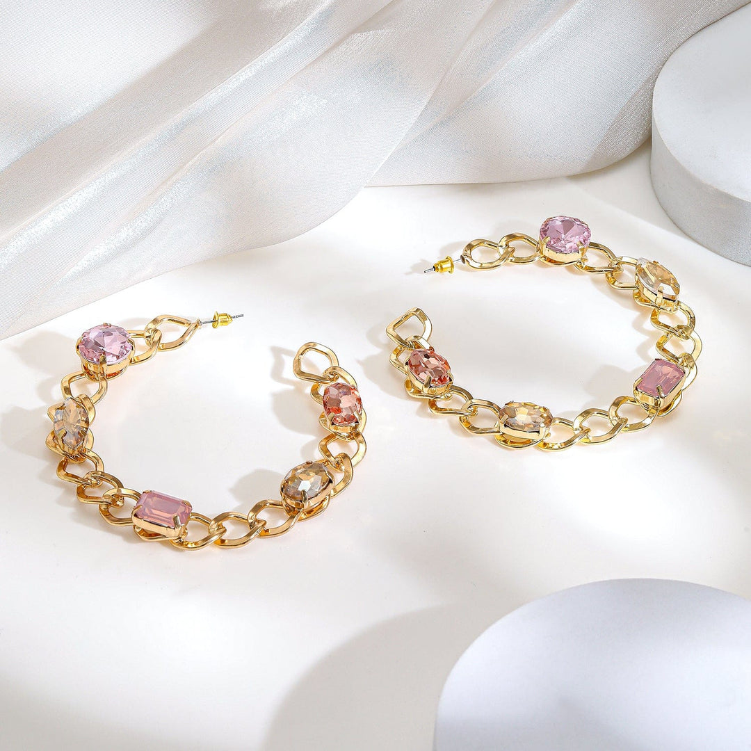 Rubans 18K Gold-Plated Chain Link Hoop Earrings with Pink Crystal Stones Hoop Earrings