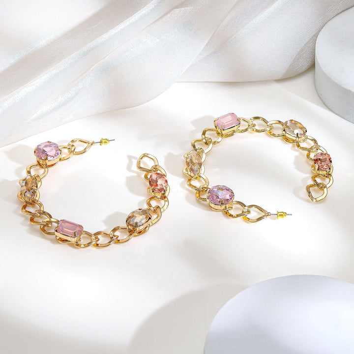 Rubans 18K Gold-Plated Chain Link Hoop Earrings with Pink Crystal Stones Hoop Earrings