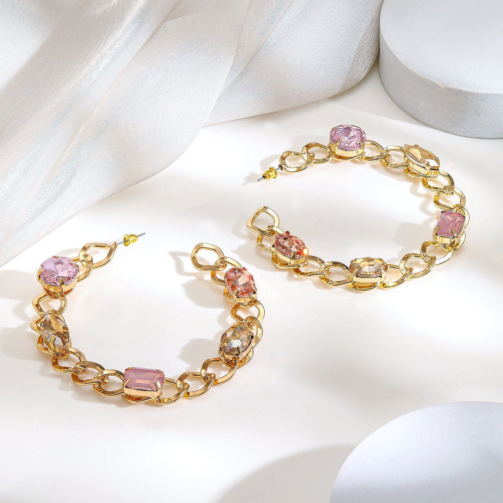 Rubans 18K Gold-Plated Chain Link Hoop Earrings with Pink Crystal Stones Hoop Earrings