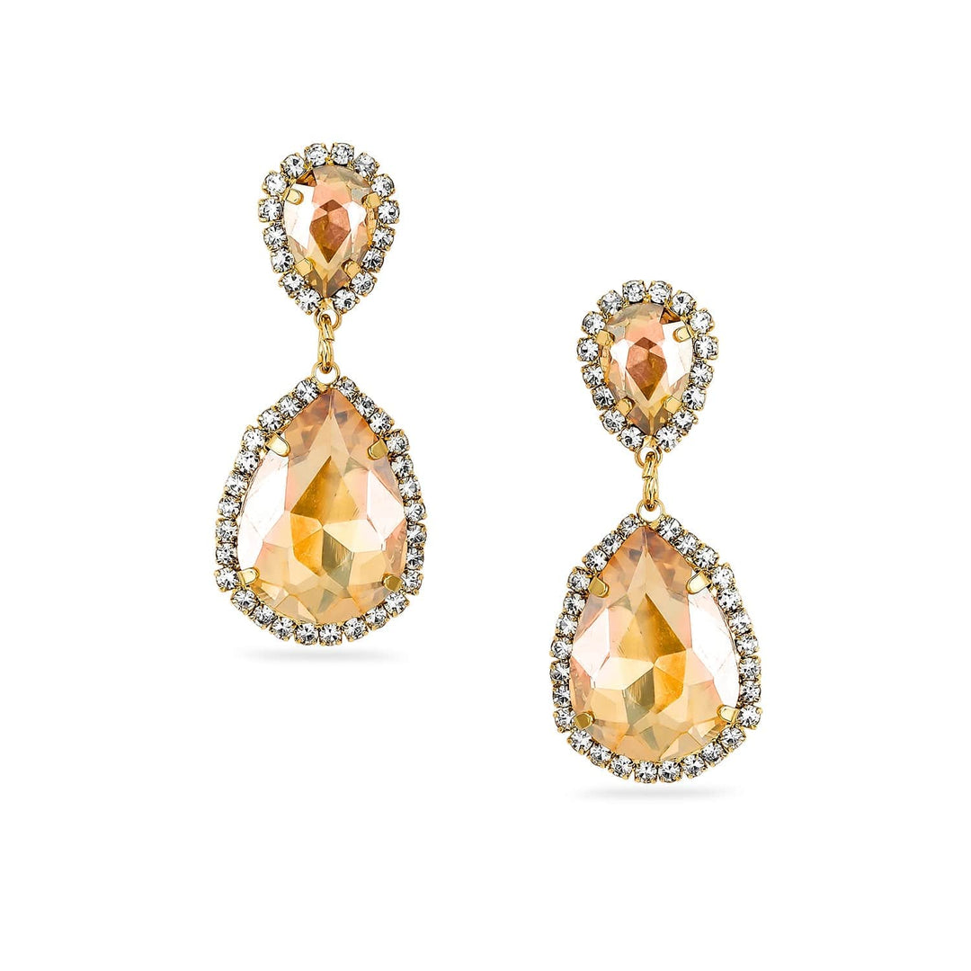 Rubans 18K Gold-Plated Champagne Crystal Drop Earrings with Cubic Zirconia Halo Drop Earring