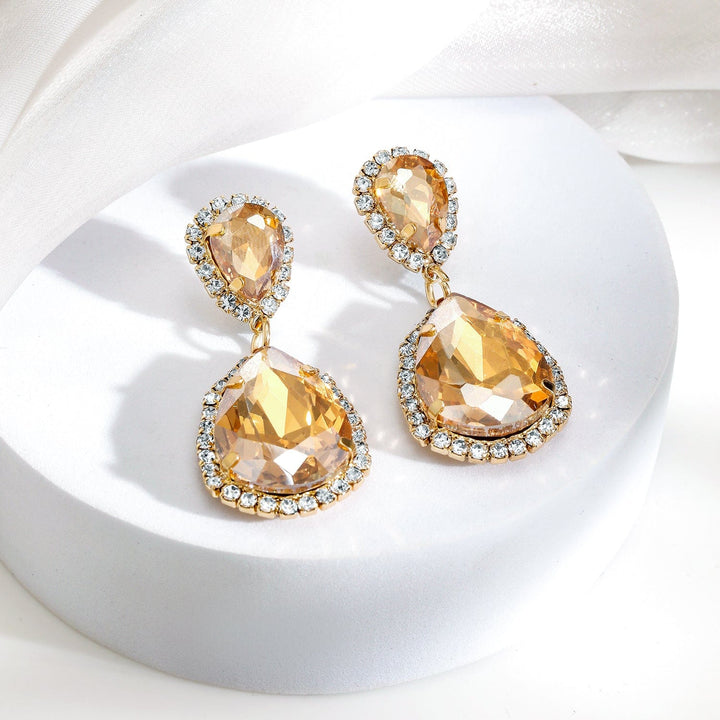 Rubans 18K Gold-Plated Champagne Crystal Drop Earrings with Cubic Zirconia Halo Drop Earring