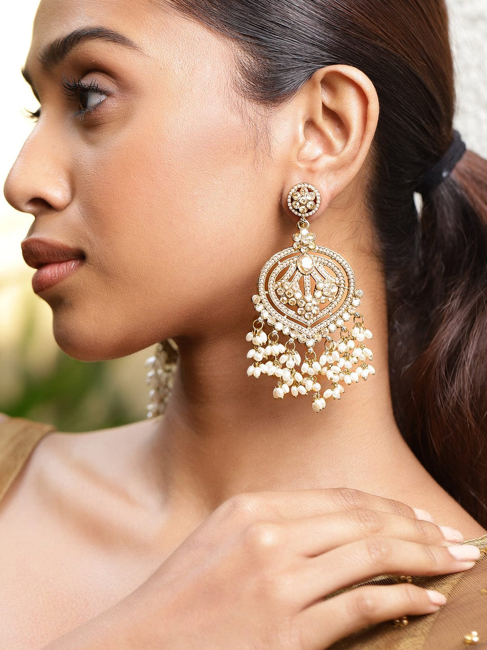 Rubans 18K Gold-Plated Champagne Kundan Studded & Pearl Beaded Handcrafted Chandbali Earrings