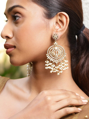 Rubans 18K Gold-Plated Champagne Kundan Studded & Pearl Beaded Handcrafted Chandbali Earrings
