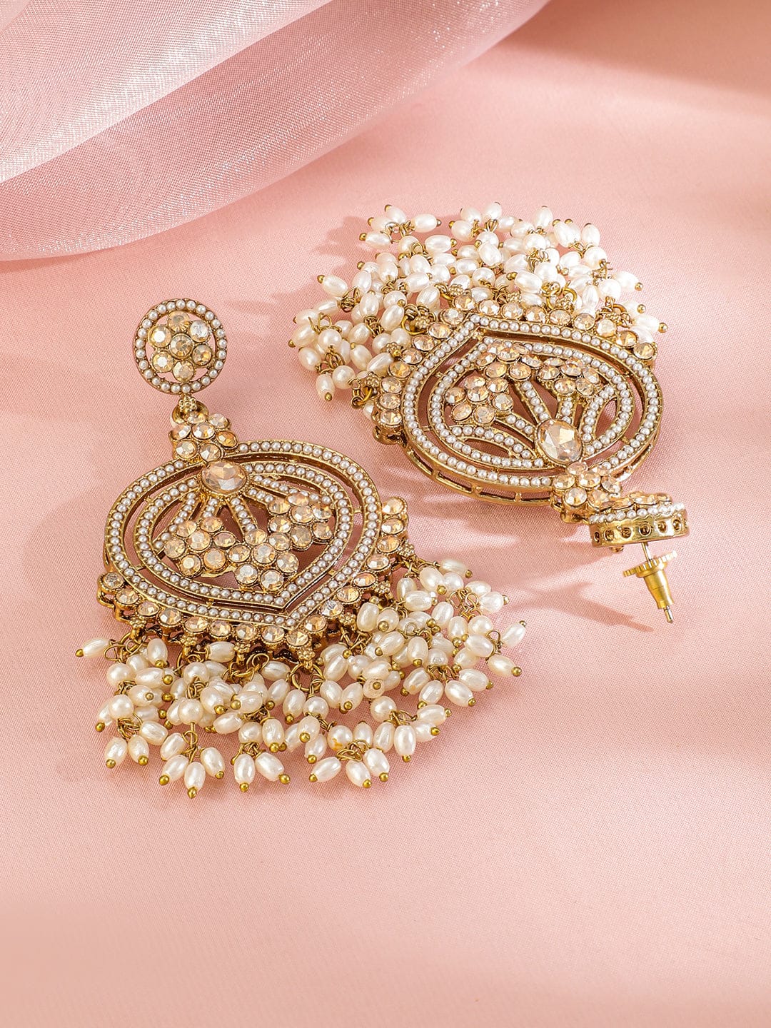 Rubans 18K Gold-Plated Champagne Kundan Studded & Pearl Beaded Handcrafted Chandbali Earrings