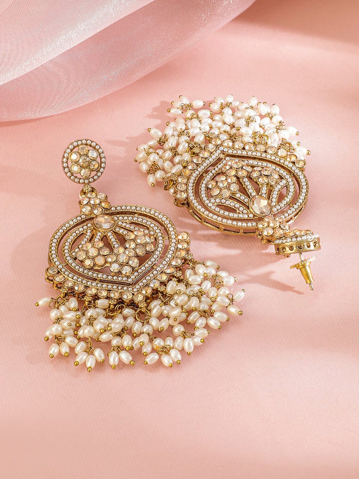 Rubans 18K Gold-Plated Champagne Kundan Studded & Pearl Beaded Handcrafted Chandbali Earrings