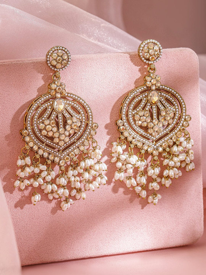 Rubans 18K Gold-Plated Champagne Kundan Studded & Pearl Beaded Handcrafted Chandbali Earrings