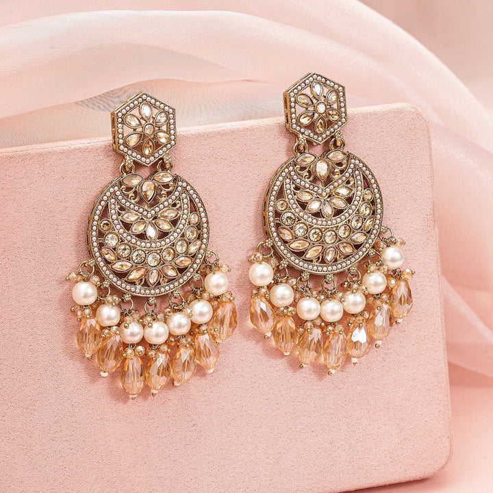 Rubans 18K Gold-Plated Chandbali Earrings with Champagne Stones, Pearls & Crystal Beads Chandbali Earrings