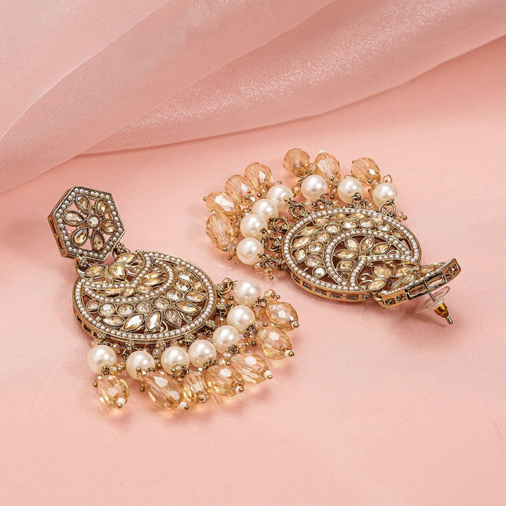 Rubans 18K Gold-Plated Chandbali Earrings with Champagne Stones, Pearls & Crystal Beads Chandbali Earrings