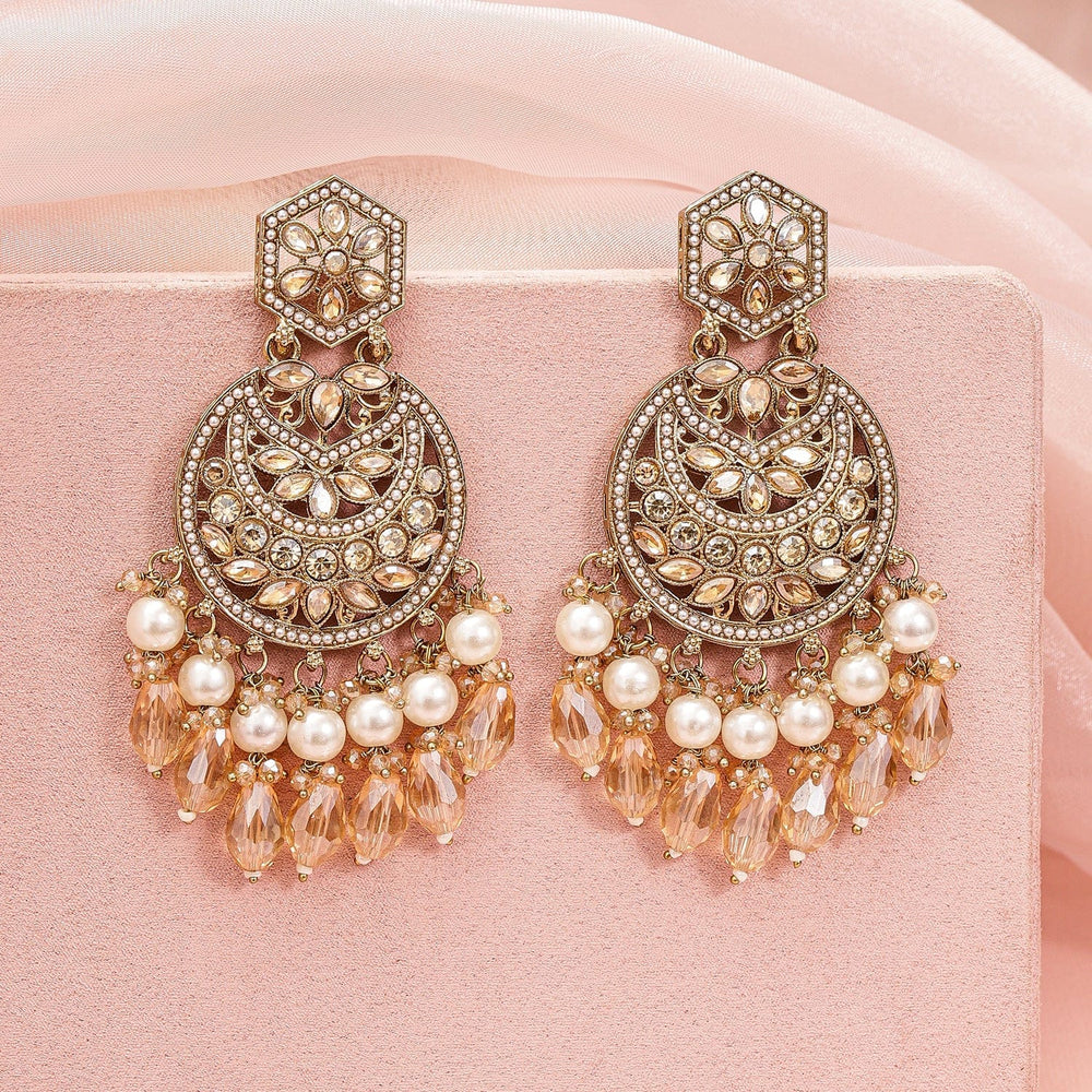 Rubans 18K Gold-Plated Chandbali Earrings with Champagne Stones, Pearls & Crystal Beads Chandbali Earrings