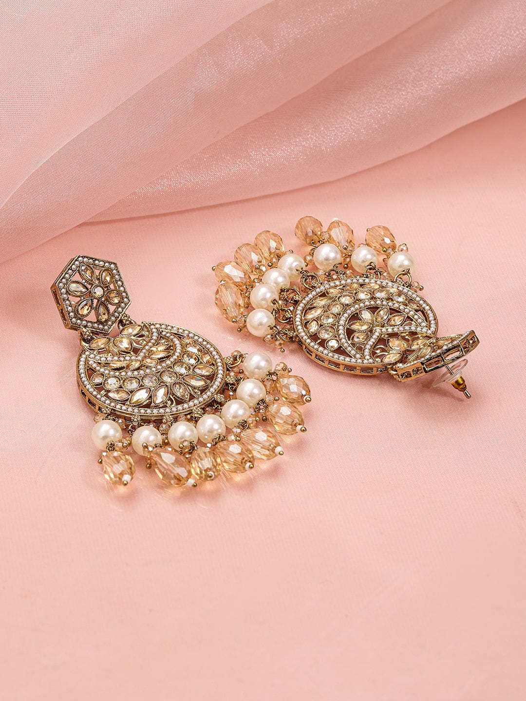 Rubans 18K Gold-Plated Chandbali Earrings with Champagne Stones, Pearls & Crystal Beads Earrings