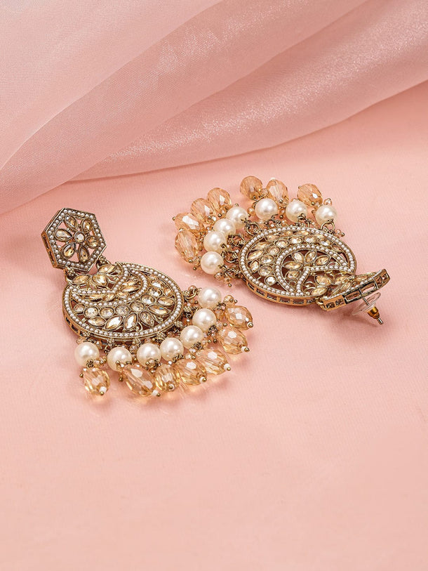 Rubans 18K Gold-Plated Chandbali Earrings with Champagne Stones, Pearls & Crystal Beads Earrings
