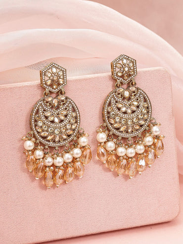 Rubans 18K Gold-Plated Chandbali Earrings with Champagne Stones, Pearls & Crystal Beads Earrings