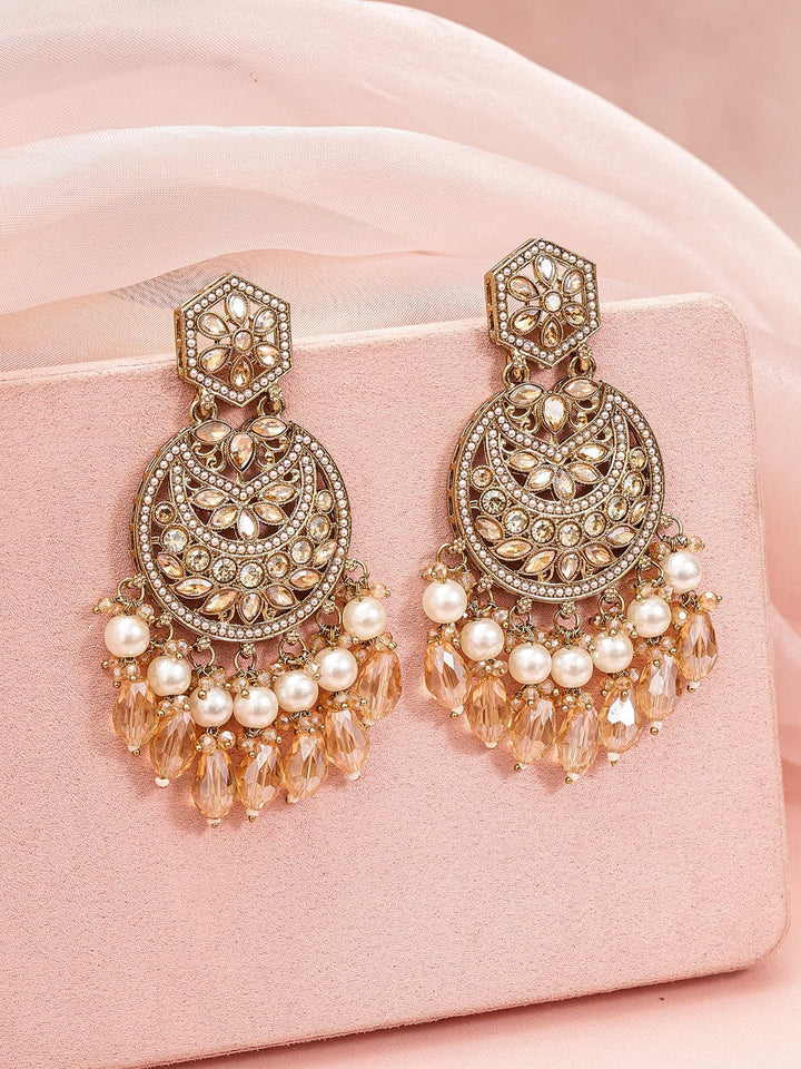 Rubans 18K Gold-Plated Chandbali Earrings with Champagne Stones, Pearls & Crystal Beads Earrings