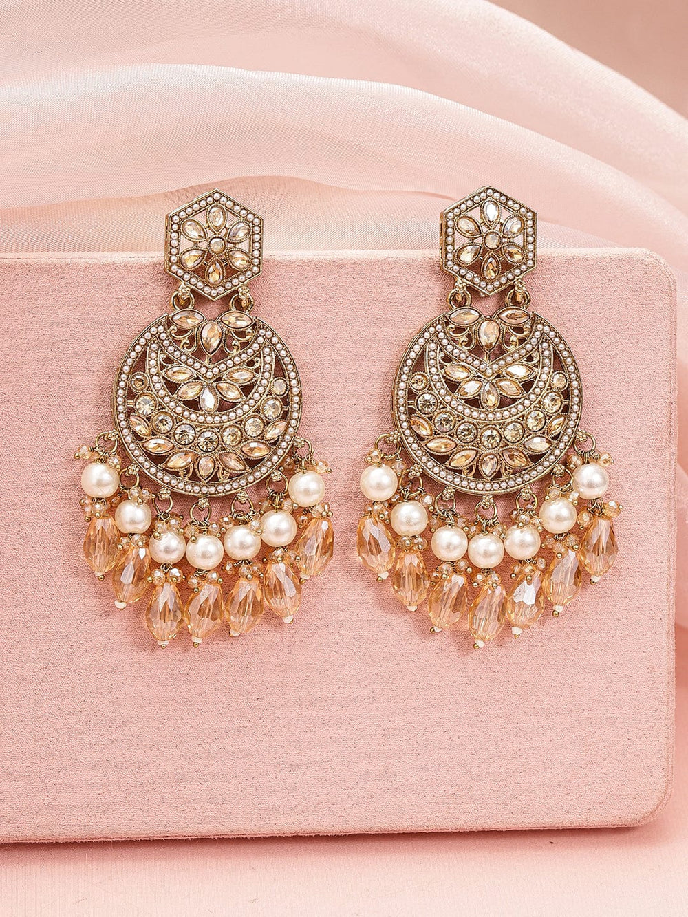 Rubans 18K Gold-Plated Chandbali Earrings with Champagne Stones, Pearls & Crystal Beads Earrings