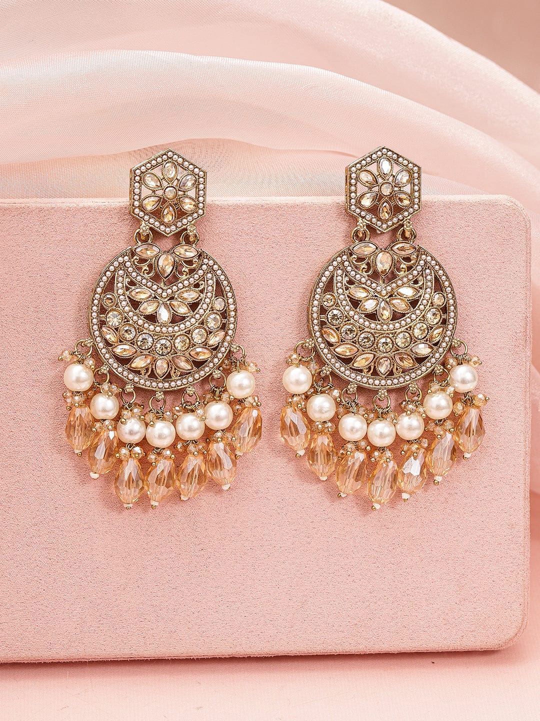 Rubans 18K Gold-Plated Chandbali Earrings with Champagne Stones, Pearls & Crystal Beads Earrings