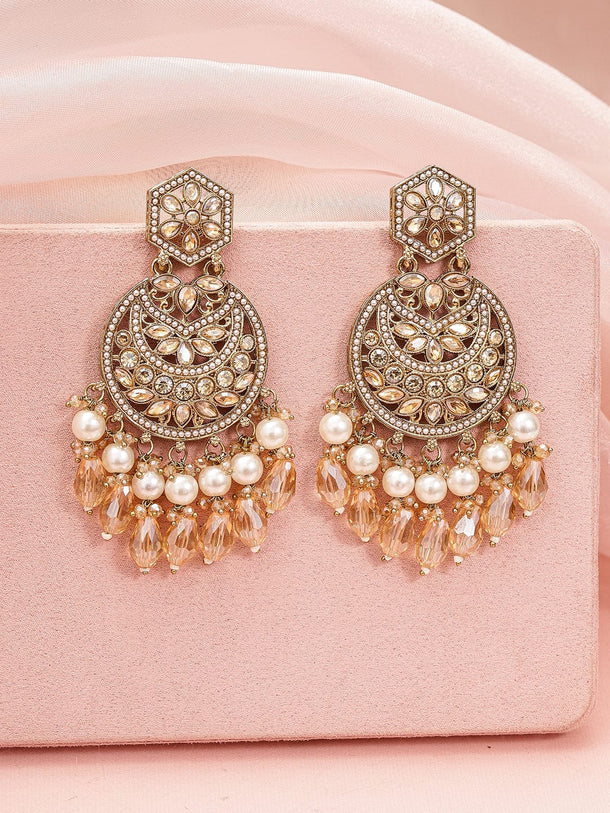 Rubans 18K Gold-Plated Chandbali Earrings with Champagne Stones, Pearls & Crystal Beads Earrings