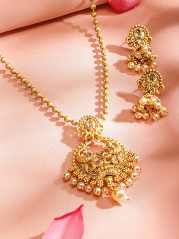 Rubans 18K Gold-Plated Chandbali Pendant Jewellery Set with Golden Bead & White Pearl Drop Necklaces, Necklace Sets, Chains & Mangalsutra