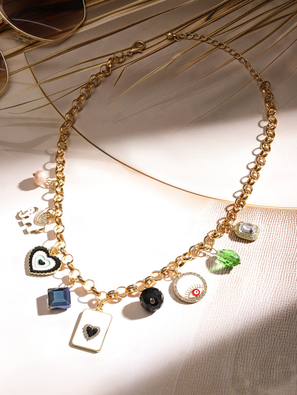 Rubans 18K Gold-Plated Charm Necklace with Multicolour Enamel Accents for Women Necklace & Chains