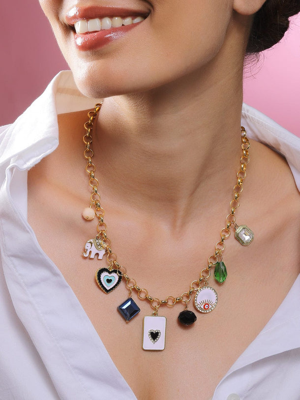 Rubans 18K Gold-Plated Charm Necklace with Multicolour Enamel Accents for Women Necklace & Chains