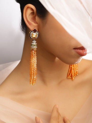 Rubans 18K Gold Plated Citrine Yellow Beaded Tassel & Cubic Zirconia Long Dangle Earrings Earrings