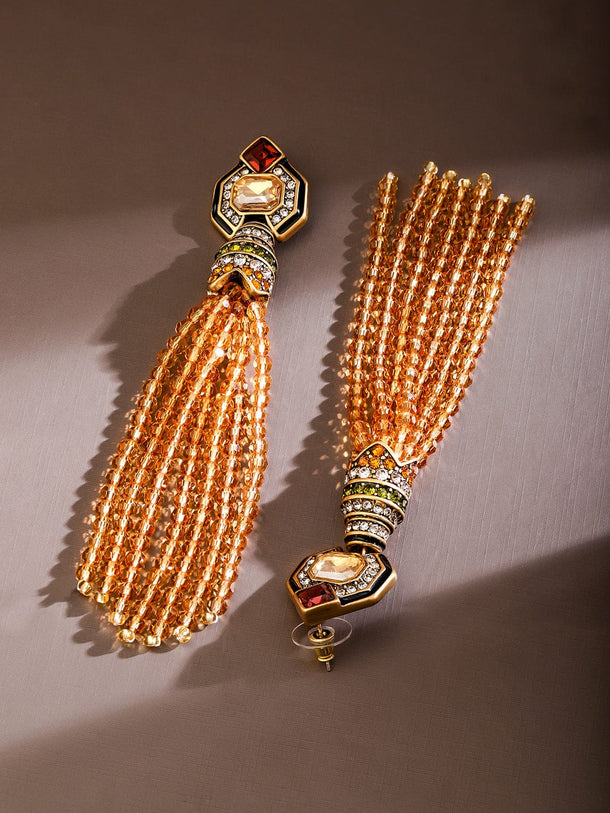 Rubans 18K Gold Plated Citrine Yellow Beaded Tassel & Cubic Zirconia Long Dangle Earrings Earrings