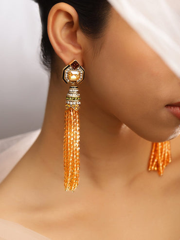 Rubans 18K Gold Plated Citrine Yellow Beaded Tassel & Cubic Zirconia Long Dangle Earrings Earrings