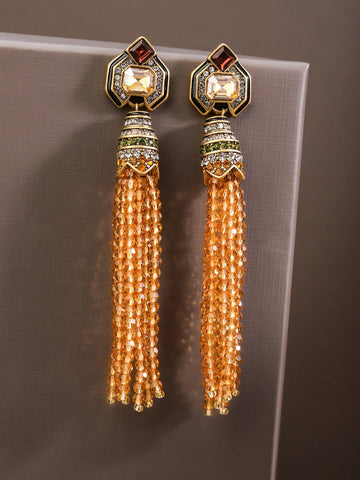 Rubans 18K Gold Plated Citrine Yellow Beaded Tassel & Cubic Zirconia Long Dangle Earrings Earrings