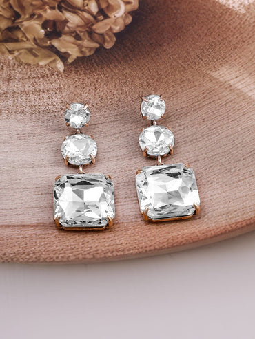 Rubans 18k Gold-Plated Clear Crystal Dangle Earrings with Square and Round Stones Earrings