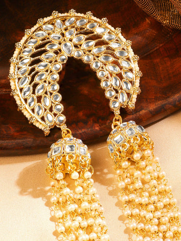 Rubans 18K Gold-Plated Crescent Design Kundan & Pearl Beaded Multilayer Hair Accessory Head Jewellery