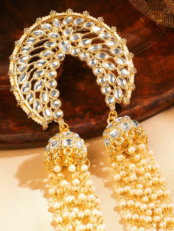Rubans 18K Gold-Plated Crescent Design Kundan & Pearl Beaded Multilayer Hair Accessory Head Jewellery