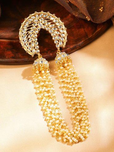Rubans 18K Gold-Plated Crescent Design Kundan & Pearl Beaded Multilayer Hair Accessory Head Jewellery