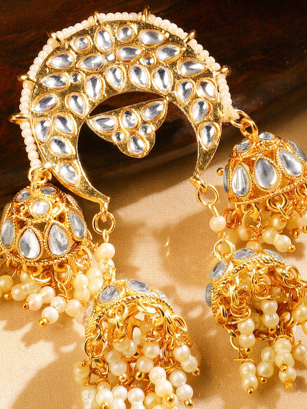 Rubans 18K Gold-Plated Crescent Kundan Hair Accessory with Pearl Beaded Jhumka Tassels Head Jewellery