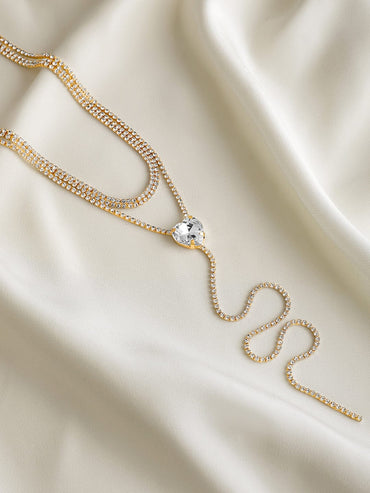 Rubans 18K Gold Plated Crystal AD & Cubic Zirconia Layered Y-Shape Long Necklace Necklace & Chains