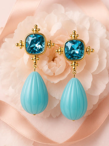 Rubans 18K Gold Plated Crystal Blue Sapphire Studded & Aqua Beaded Statement Drop Earrings Drop Earrings