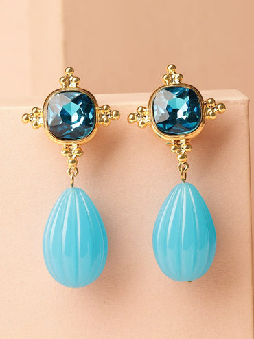 Rubans 18K Gold Plated Crystal Blue Sapphire Studded & Aqua Beaded Statement Drop Earrings Earrings