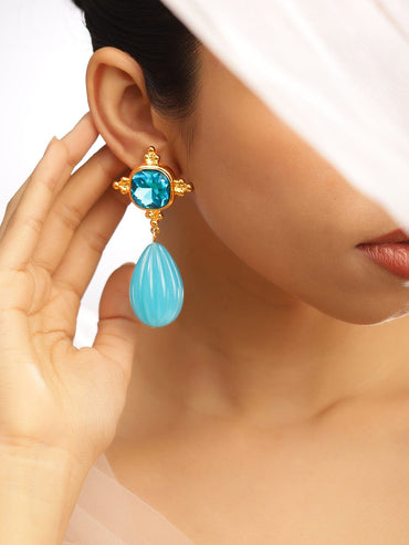 Rubans 18K Gold Plated Crystal Blue Sapphire Studded & Aqua Beaded Statement Drop Earrings Earrings